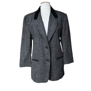 Vtg Womens Blazer Jacket Herringbone Tweed Leather Elbows Equestrian Wool Sm / M